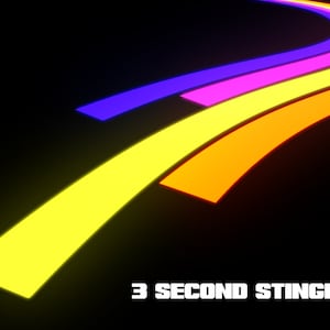 Op de afbeelding: Een kleurrijk abstract ontwerp met vier gebogen lijnen in geel, oranje, roze en blauw tegen een zwarte achtergrond. De tekst "3 SECOND STINGER" staat onderaan de afbeelding.