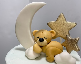 sleeping bear cake topper 3D, cake edible custom personalized, cake decoration, bear cake topper, bear sleeping on the moon cake topper