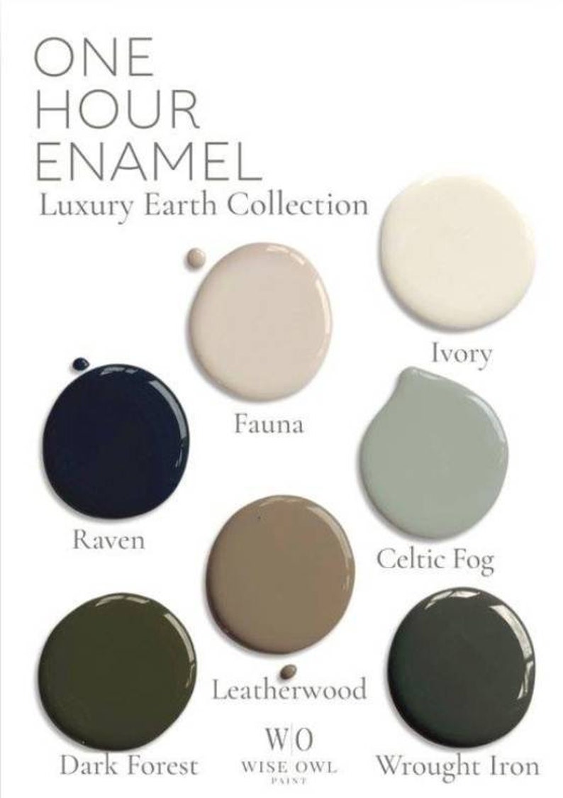 May include: One Hour Enamel paint colour chart featuring ten paint colours: Raven, Dark Forest, Leatherwood, Celtic Fog, Wrought Iron, Ivory, Fauna, and more. Wise Owl Paint.