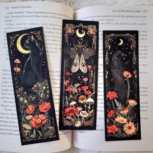 Fantasy Raven Black Cat Moth Moon Mushrooms Witchy Soft Touch Laminate Suede Classic Bookmark Gift for Booklovers Double Sided