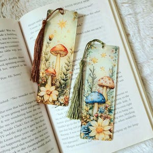 Fantasy Fairy Mushroom Acrylic Bookmark with Tassel 4.8&quot;×1.6&quot; Botanical Cottagecore Floral Gift for Booklovers Double Sided