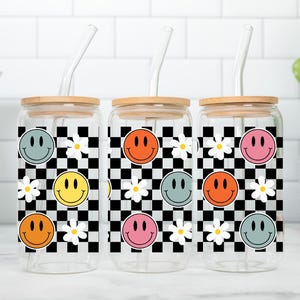 16oz Smiley Face Checkered Daisy Libbey Glass Can with Bamboo Lid and Glass Straw QUICK SHIPPING! Great Gift Idea
