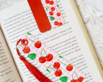 Retro Red Cherries Plaid Metal with Tassel or Magnetic Bookmark Set of 2  Gift for Booklovers