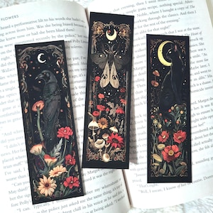 Fantasy Raven Black Cat Moth Moon Mushrooms Witchy Soft Touch Laminate Suede 5.3&quot; Tall Classic Bookmark Gift for Booklovers Double Sided