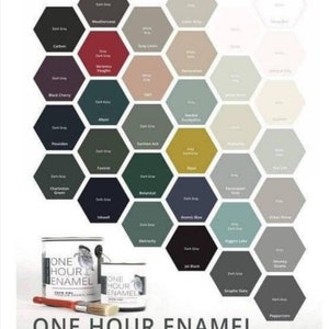 May include: A colour chart of Wise Owl Paint's One Hour Enamel paint colours. The chart features a honeycomb pattern with each hexagon representing a different colour. The colours range from dark greys to light greys, greens, blues, and browns. The chart also includes the Wise Owl Paint logo and the text "One Hour Enamel" and "Primer Guide".