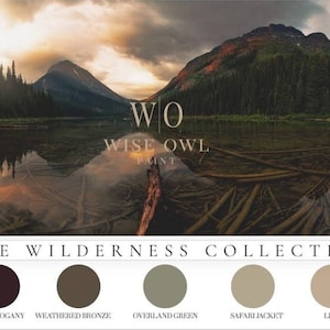 May include: A collection of five paint colours inspired by nature, called "The Wilderness Collection." The colours are: Dark Mahogany, Weathered Bronze, Overland Green, Safari Jacket, and Linen. The colours are displayed on a white background with the Wise Owl Paint logo and the collection name.
