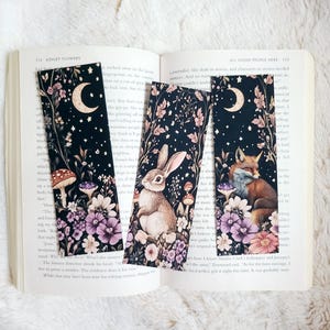 Fantasy Forest Rabbit Fox Moon Mushrooms Cottagecore Witchy Soft Touch Laminate Suede Classic Bookmark Gift for Booklovers Double Sided