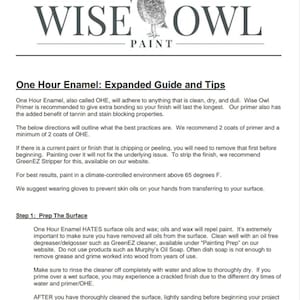 May include: A guide to using Wise Owl One Hour Enamel paint. The guide includes tips on preparing the surface, cleaning, and applying the paint. It also recommends using a primer for best results.