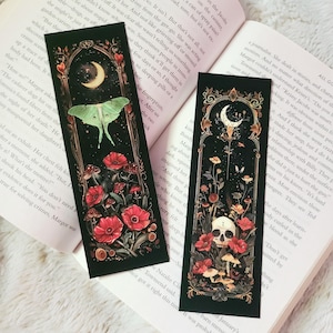 Fantasy Luna Moth Skull Moon Mushrooms Witchy Soft Touch Laminate Suede Classic Bookmark Gift for Booklovers Double Sided Cottagecore Gothic