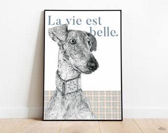 Greyhound Illustration (French) - Signed Art Print | Greyhound dog Gift idea | Dog Wall Decor