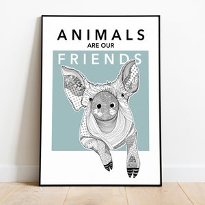 Varkensfolie "Dieren zijn onze vrienden" (blauwgroen) | | Varken Decoratie kamer dieren