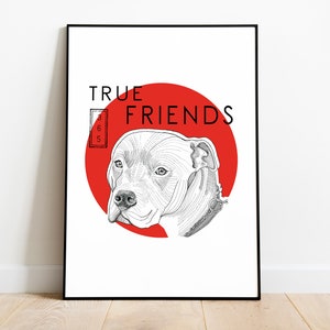 Pitbull Dog (Red or Blue) Signed Illustration - Art Print | Pitbull Dog Wall Art | Bedroom Wall Modern Decoration