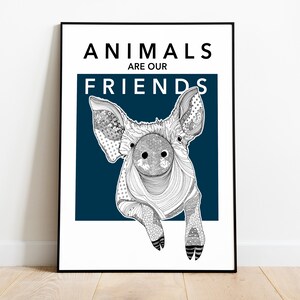 Lámina cerdo "Animals are our friends" (azul oscuro) | Cerdito | Decoración habitación animales