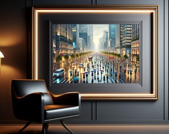 Lámina artística de paisaje urbano lluvioso, decoración de pared urbana, póster de lluvia en la ciudad, descarga digital.
