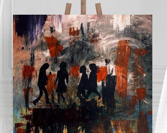 May include: An abstract painting on canvas displayed on a wooden easel. The artwork features four black silhouettes of figures walking against a textured background of layered paint in shades of deep red, dark gray, white, and black with visible brushstrokes.