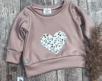 Sweater "Waffle jersey with heart appliqué, dark red scattered flowers" baby/children