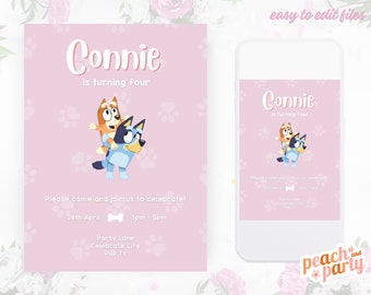 May include: Pink printable birthday invitation with a cartoon image of two dogs. The invitation says "Connie is turning four" and includes the date, time, and location of the party.
