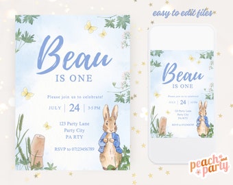 Peter Rabbit Birthday Invitation, Editable Peter Rabbit Invitation, Printable or Text, Boy First birthday Invite