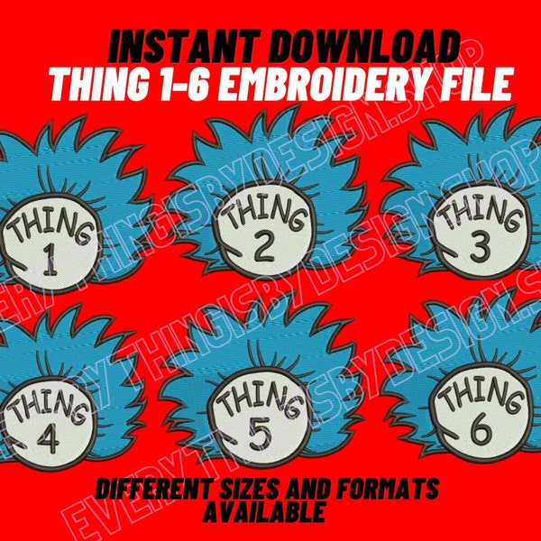 thing 1, thing 2, thing 3, thing 4, thing 5, thing 6 Dr seuss , cat in the hat, Filled Embroidery Design,  Machine Embroidery Design File