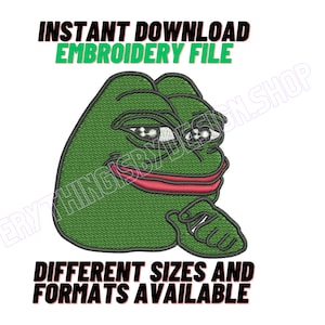 PEPE Meme Embroidery Design, PEPE Logo, instantly download, Machine Embroidery, different Sizes and formats Included