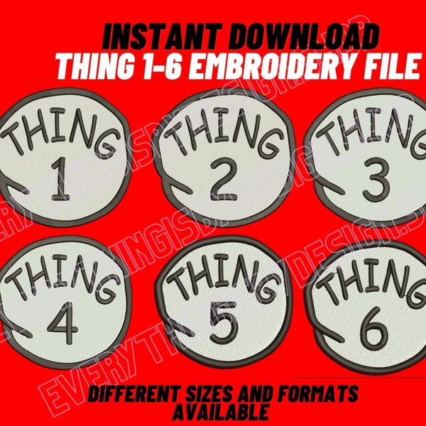 Dr Seuss Thing 1, Thing 2 , Thing 3, Thing 4, Thing 5, Thing 6 Filled Embroidery Design - Instant Download-Machine Embroidery Design File