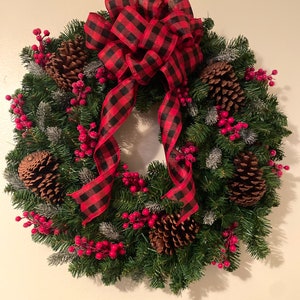 24” Pine Wreath with Red Buffalo Check Bow, Pinecones, and Berries, Christmas Wreath, Spruce Wreath, Holiday Wreath