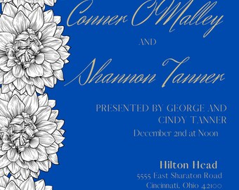 Chrysanthemum Blue Wedding Invitation with Optional Template designs