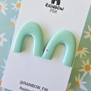 May include: Mint green arch-shaped earrings on a white card with the text "RAINBOW FIN" and a rainbow graphic. The card also includes the text "@RAINBOW_FIN RainbowFinStore". The earrings are displayed on a daisy-patterned background.