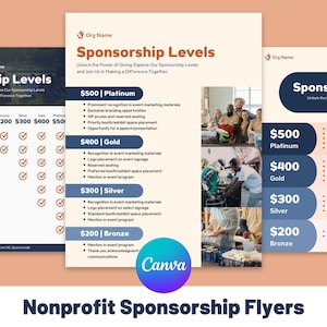 Folhetos para arrecadação de fundos para patrocínio de eventos sem fins lucrativos | Infográfico editável, níveis de patrocinador, pacote de doação, modelo Canva para organizações sem fins lucrativos