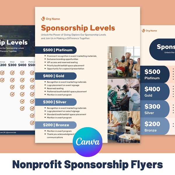 Nonprofit Event Sponsorship Fundraising Flyers | Editable Infographic, Sponsor Levels, Donation Package, Non Profit Canva Template