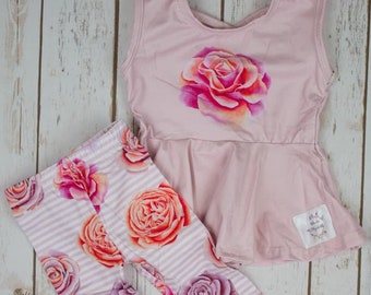 Girls Outfit | Pink Rose | Peplum Top | Capri Set