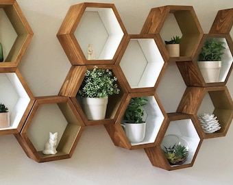 Honeycomb Shelves: Set of 3 Deep Hexagon Pine Shelves