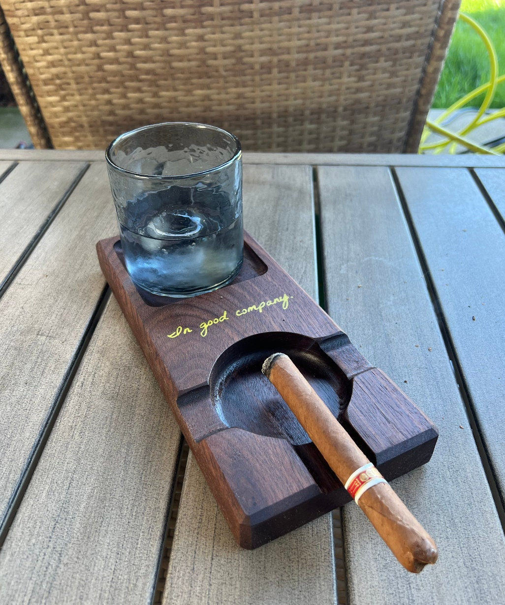 Wooden Cigar and Whisky Tray, Personalized Cigar Accessory Ashtray, Monogram/Engraved - Free Engraving