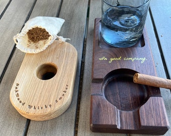 Custom Groomsmen Gifts - Wooden Cigar and Whisky Tray, Personalized Cigar Accessory Ashtray - Free Engraving