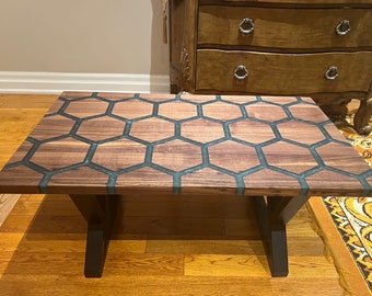 Custom Walnut Honeycomb Epoxy Coffee Table | Resin Table | Epoxy Table | Hexagon Wood River Table