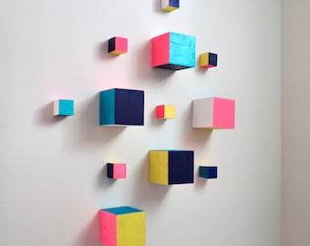 3D Wood Wall Art - Modern. Custom Made and Hand-painted wooden cubes