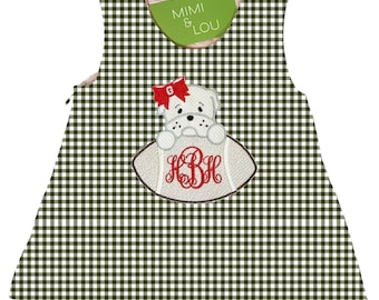 Vestido personalizado para bebé niña con monograma bordado de bulldog y estampado de cuadros vichy / Conjunto de fútbol americano / Regalo para el día del partido de Georgia para niñas pequeñas / ¡Vamos Dawgs!
