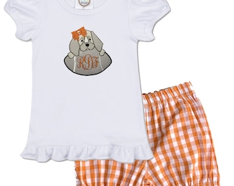 Camisa personalizada con volantes y monograma bordado de Bluetick para niñas / Conjunto Smokey Bluetick Hound / Pantalones cortos de cuadros naranjas para niñas pequeñas / Go Vols