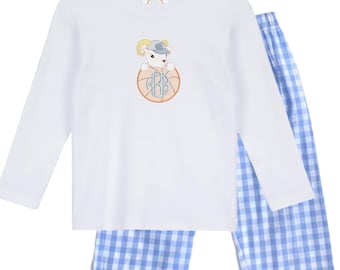 Camiseta de baloncesto personalizada para niño con monograma bordado de carnero / Pantalones de manga larga a cuadros azules para niño pequeño / Regalo para bebé niño de Carolina / Go Heels