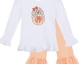Personalized Girls Embroidered Monogram Bluetick Hound Basketball Ruffle Shirt | Toddler Long Sleeve Orange Gingham Pants | Go Vols
