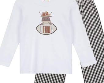 Personalized Boys Embroidered Monogram Longhorn Bull Shirt | Toddler Long Sleeve Black Gingham Pants | Texas Baby Boy Gift | Hook Em