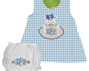 Personalized Baby Girl Embroidered Monogram Wildcat Gingham Dress | Football Outfit | Blue White Toddler Game Day Gift | Go Cats