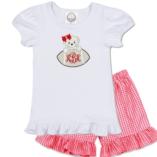 Personalized Girls Embroidered Monogram Bulldog Ruffle Shirt | Toddler Short Sleeve Red Gingham Shorts | Georgia Baby Girl Gift | Go Dawgs