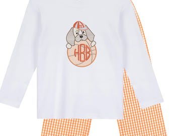 Personalized Boys Embroidered Monogram Bluetick Hound Basketball Shirt | Toddler Long Sleeve Orange Gingham Pants | Tennessee Gift | Go Vols