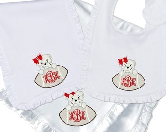 Bulldog baby girl embroidered bib, burpcloth and blanket set - personalized