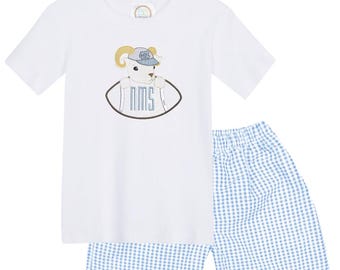 Camiseta de fútbol americano con monograma de carnero bordada personalizada para niños / Pantalones cortos de manga corta a cuadros azul claro para niños pequeños / Regalo para bebé Carolina / Go Heels