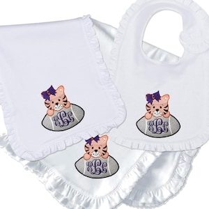 Baby Tiger Football baby girl embroidered bib, burpcloth and blanket set - personalized
