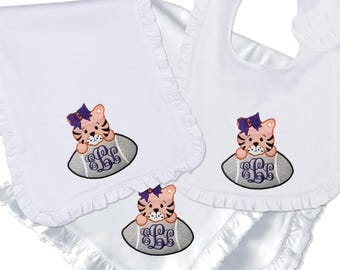 Clemson baby girl embroidered bib, burpcloth and blanket set - personalized