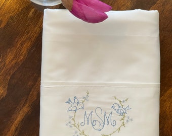 Vintage style embroidered pillowcase pair with monogram