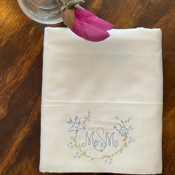 Vintage style embroidered pillowcase pair with monogram